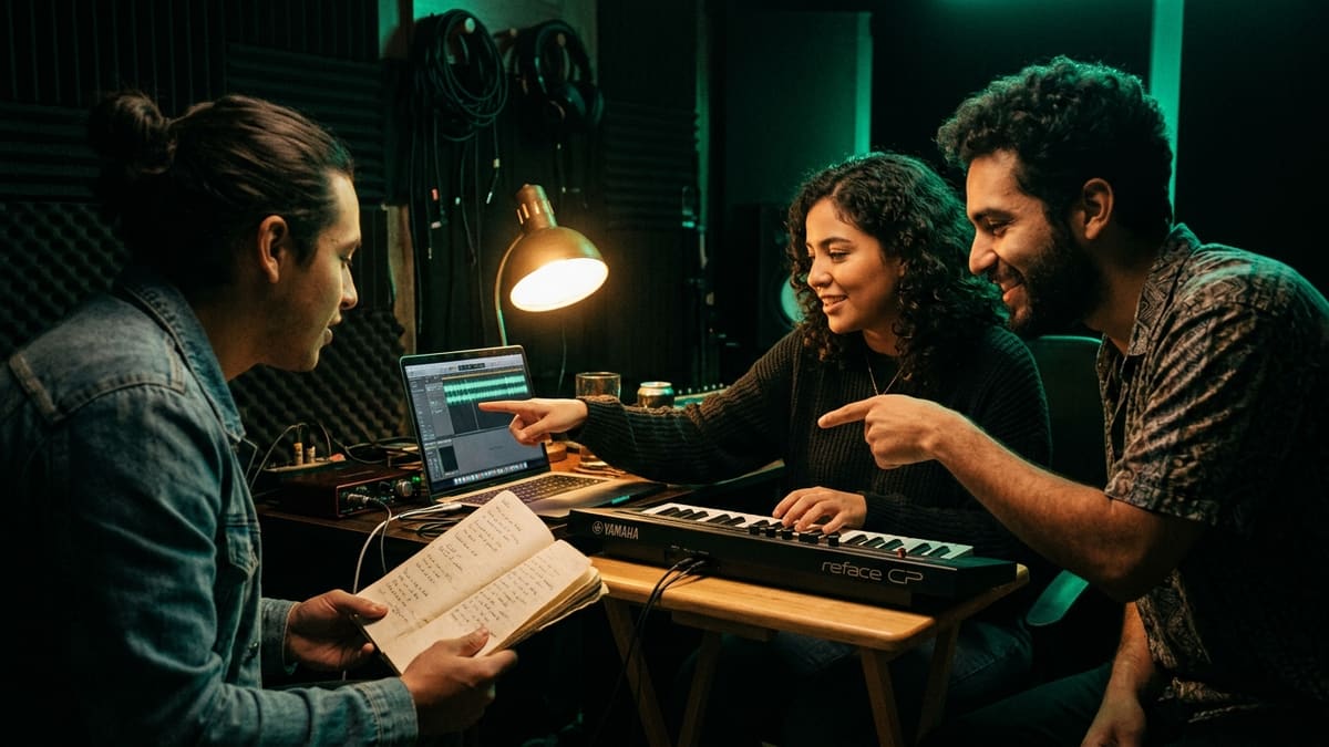 Tres músicos trabajando juntos en un tema, el escenario típico donde hacen falta splits de regalías
