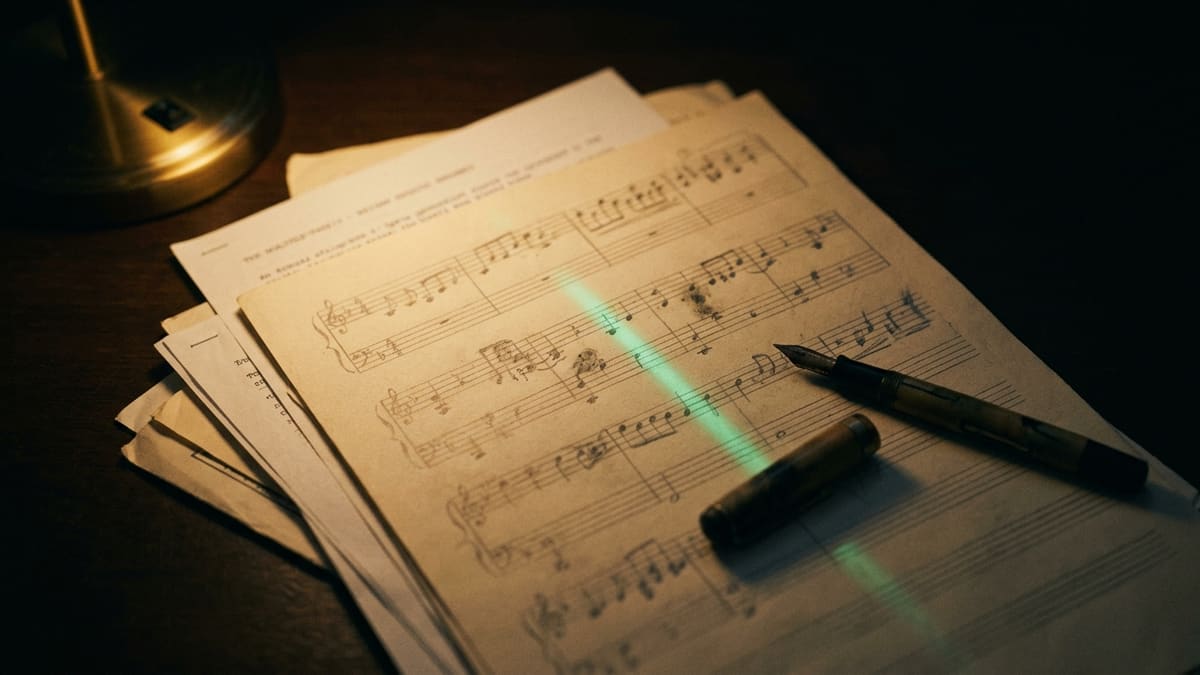 Compositora revisando la documentación y los registros de autoría de sus canciones sobre el escritorio del estudio