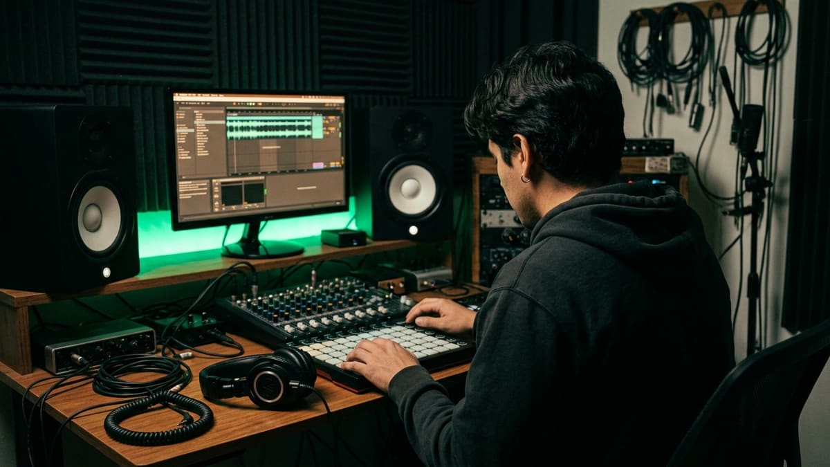 Productor terminando el máster de un tema frente a los monitores de su estudio