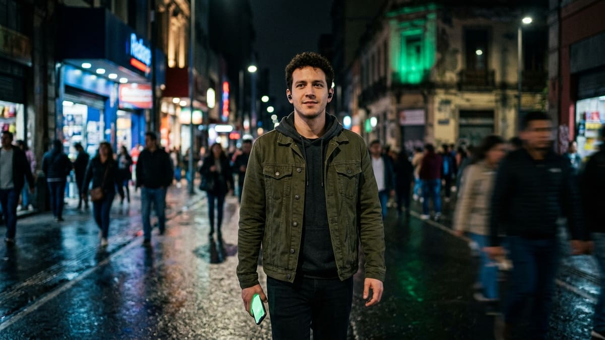 Persona caminando de noche por la calle con auriculares, escuchando música en el teléfono