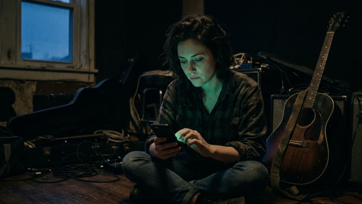 Músico revisando en el teléfono las regalías musicales que generó su último lanzamiento