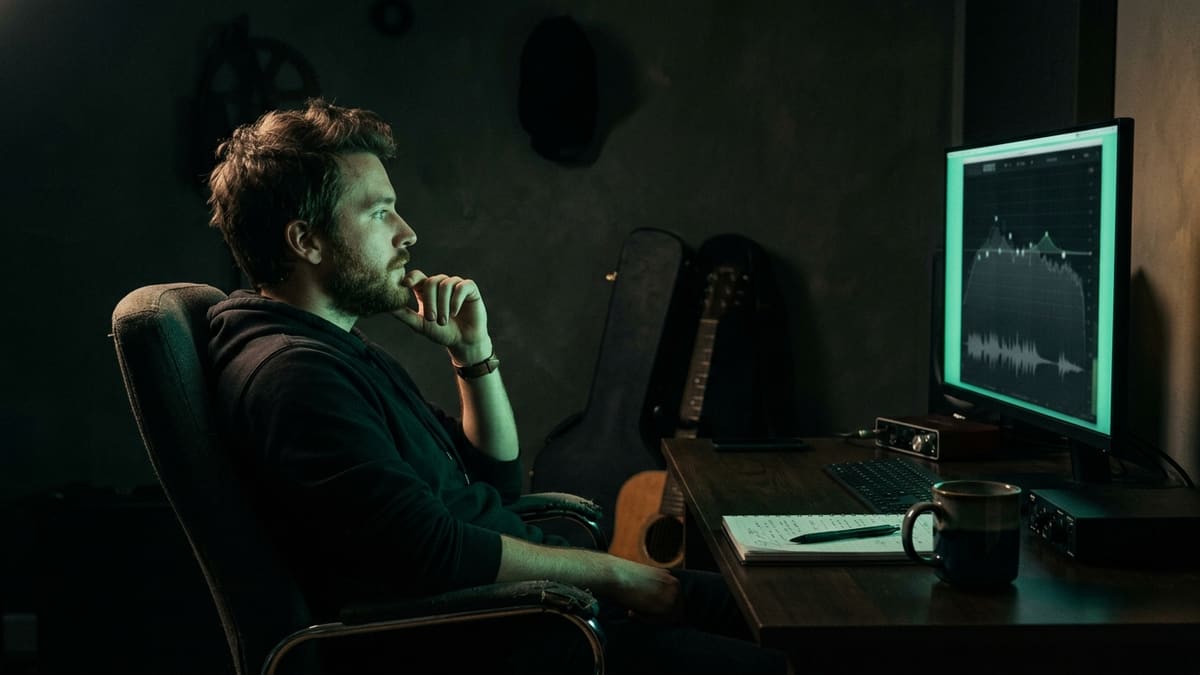 Músico revisando en la computadora las estadísticas de sus canciones